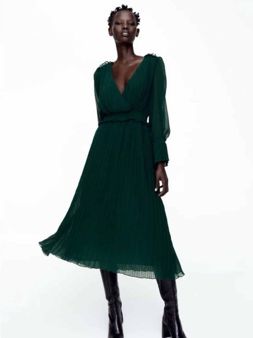 Zara Deep Green Pleated V-Neck Long-Sleeve Midi Dress